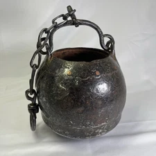 Antique Asian/Persian Wrought Iron Hanging Cauldron With Chain Inlaid Riveted