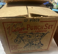 Vtg Anchor Hocking clear grapes 14pc punch bowl set base 12 Missing Cup Hanger