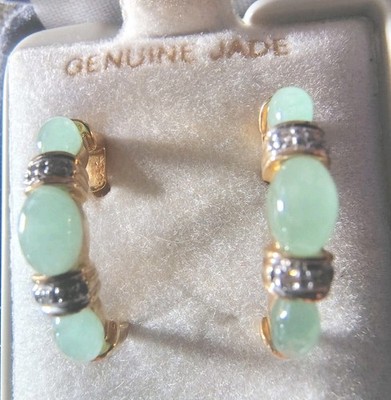 Vintage 14K Gelbgold Jade Diamant Creolen 4g Andin AV 1990er Nachlass