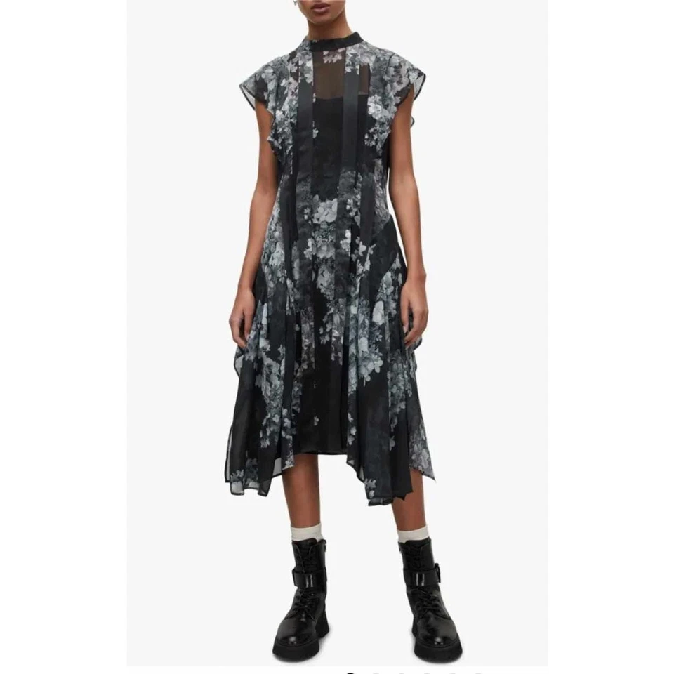 Vestido midi floral All Saints $429 Freya Venetia negro gris aleteo Slv ¡PRÍSTINO! Foto 2 de 4