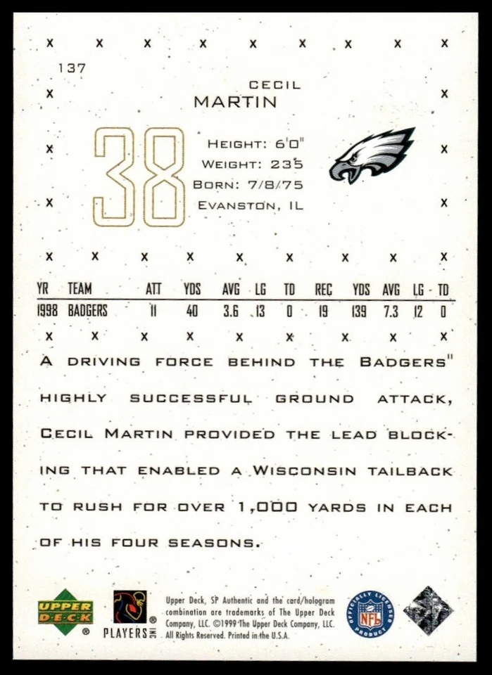 1999 SP Authentic #137 Cecil Martin #/1999 - Image 2 of 2