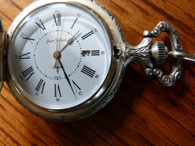 Montre De Poche Vintage Jean Patrick - Thème Pêcheur, Mouvement Quartz, Boîtier Argenté 47mm - Occasion