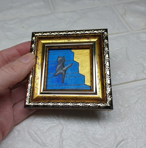 Graue Katze Gemälde Gerahmt Original Kunst Lustiges Kätzchen Handarbeit Kunst Mini Gemälde - Bild 9 von 11