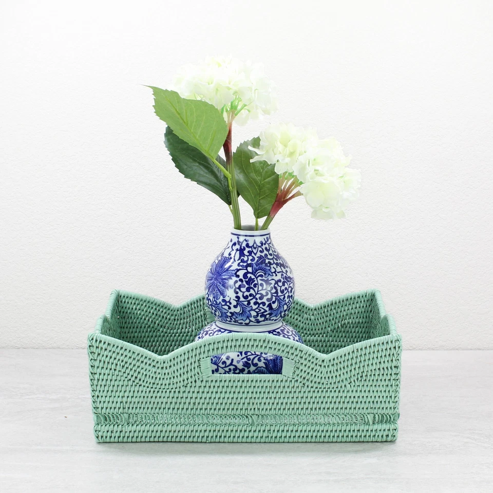 Tight Woven Scalloped Rattan Coffee Table Tray with Handles, Luxury Home Decor - Image 4 of 4
