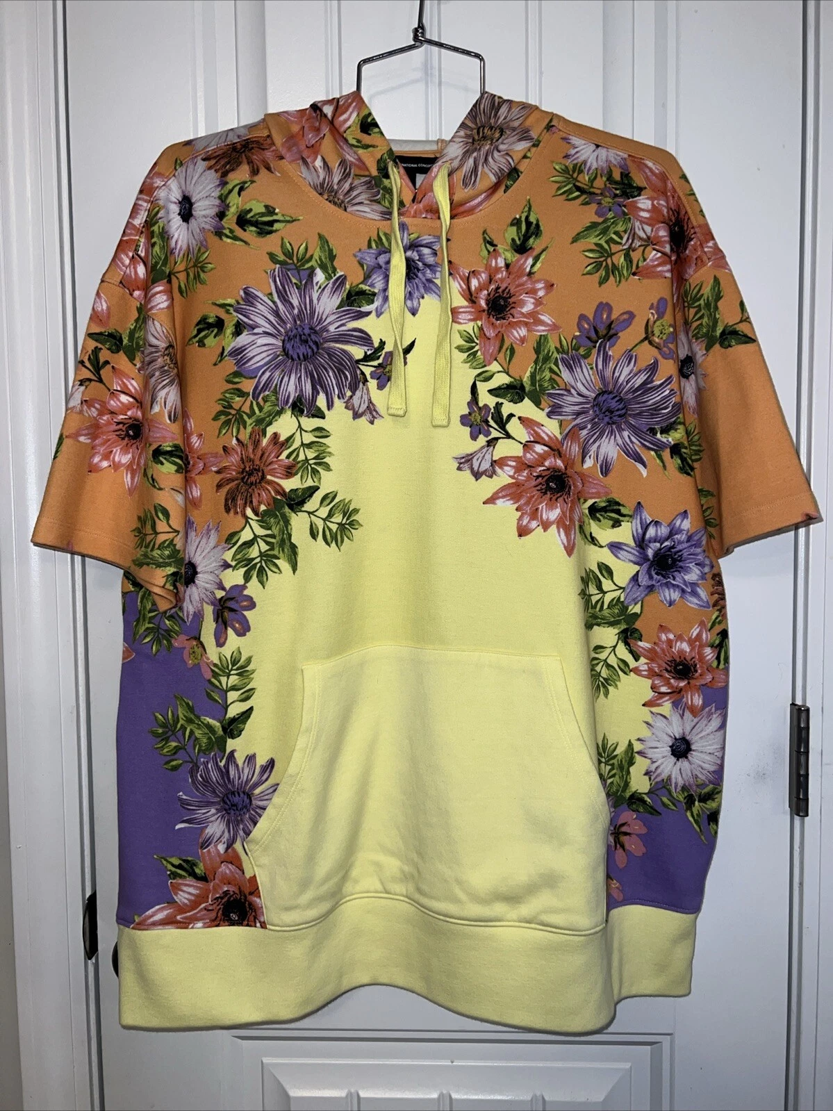 INC International Concepts Medium Short Sleeve Hoodie Floral Sweatshirt Colorful