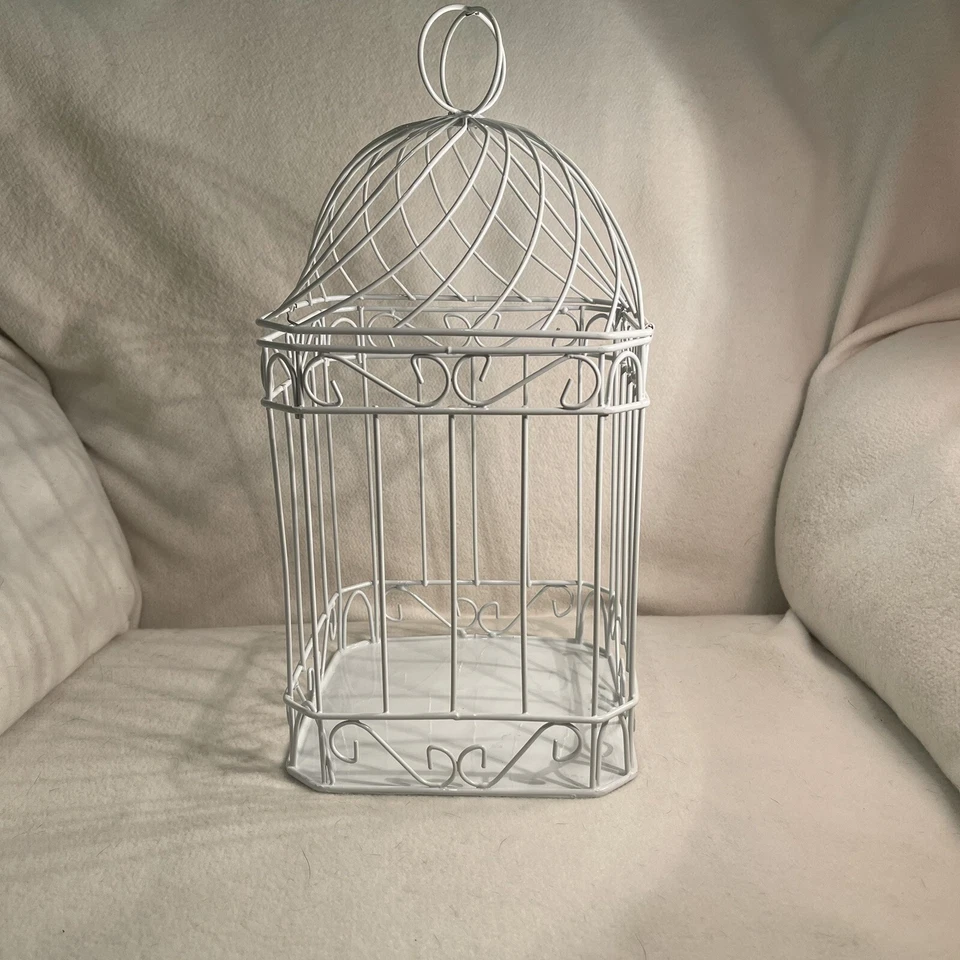 Portatarjetas de ducha de boda jaula para pájaros de metal blanco Foto 2 de 4