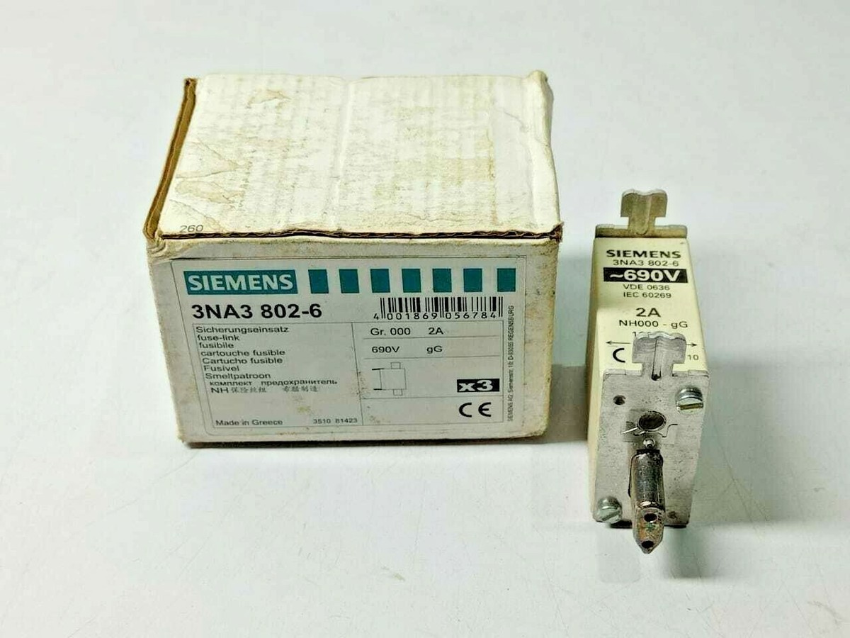 Siemens 3NA3 802-6 Fuse Vde 0636 Iec 60269 690V 2A NH000-gG 120Ka