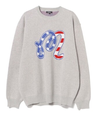 ASK availability First) BEAMS MALBON GOLF / NY logo crew neck knit