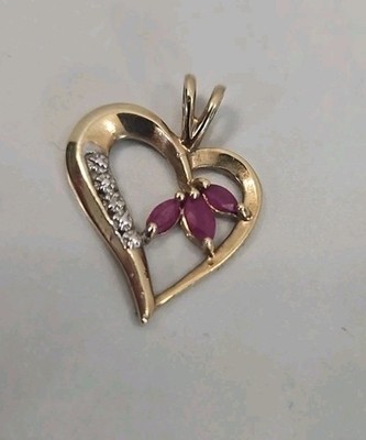 10K Yellow Gold Ruby Diamond Accent Heart Pendant Open Heart Vintage 