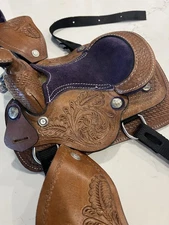 Yourh Kid Western Barrel Trail Saddle Floral Tooled Leather Purple Suede Seat