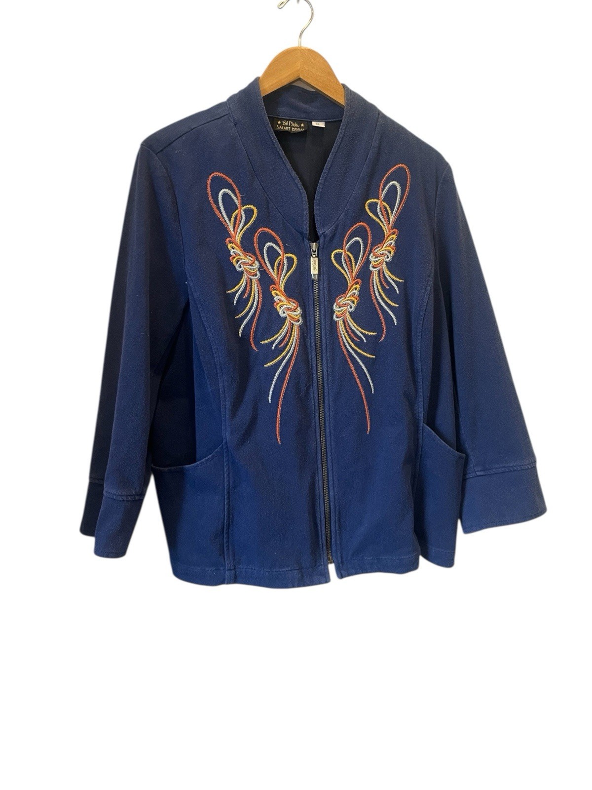 Bob Mackie Wearable Art Womens Embroidered Fleece Jacket XL Blue Floral Cozy