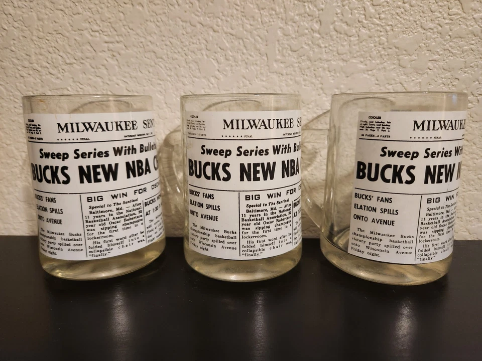 3 VINTAGE 1971 Milwaukee Bucks NBA Champions Glass Mugs Oscar Robertson Alcindor - Image 3 of 4