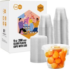 Turbo Bee 200 Pack 9 OZ Clear Plastic Cups with Flat Lids, Disposable Dessert Cu