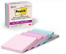 Post-it 100 Recycled Paper Super Sticky Notes, 3 in. x 3 in., 5 Pads, 70 Sheets