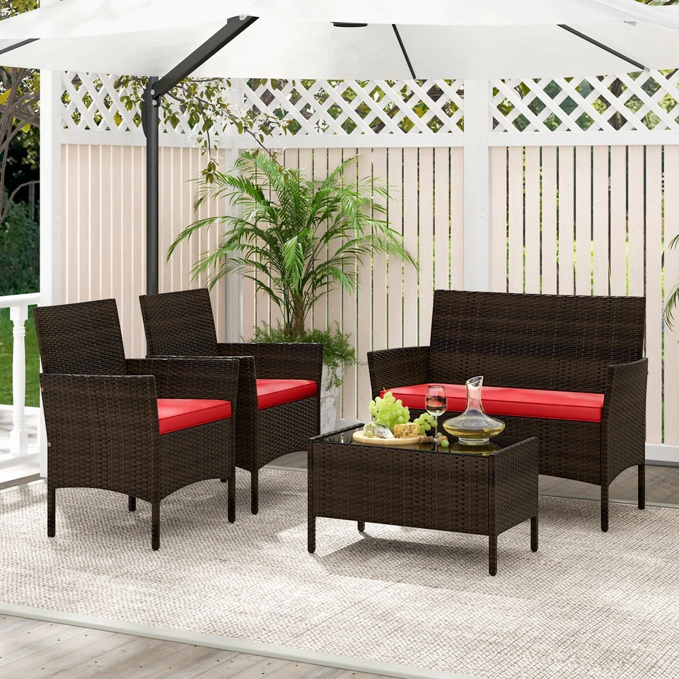4PCS Outdoor Furniture Set Patio Rattan Conversation Set w/ Red Cushion - Image 4 of 4