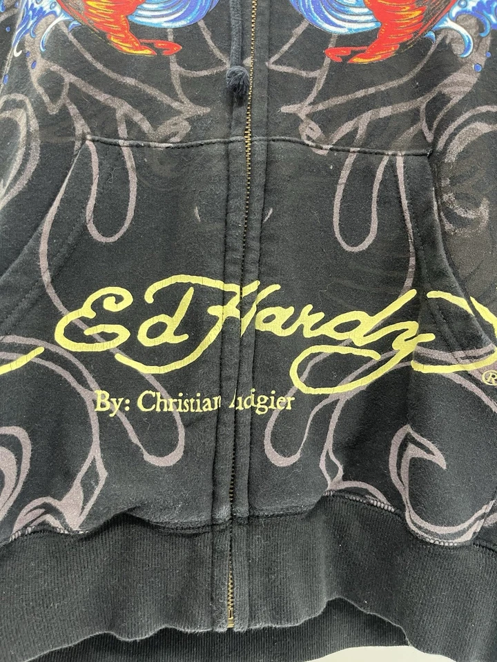 Ed Hardy por Christian Audigier Sudadera con Capucha Cremallera Completa Koi Pez Calavera Y2K Grande  Foto 2 de 4