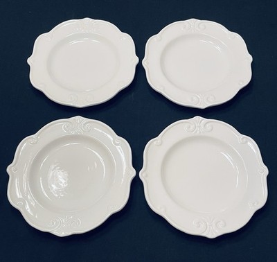 Set of 4 Sauvignon BLANC DE BLANC Salad Plates 8  White Embossed Scrolls