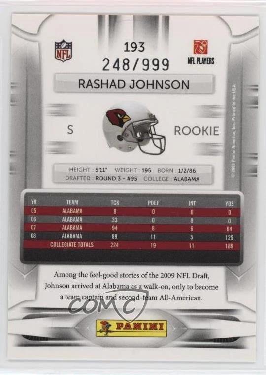 2009 Playoff Prestige Draft Picks Light Blue /999 Rashad Johnson #193 Rookie RC - Image 2 of 2