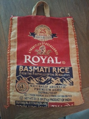 Empty Burlap 20 Lb. Bag ROYAL BASMATI RICE With Handles & Zipper Empty  Bag