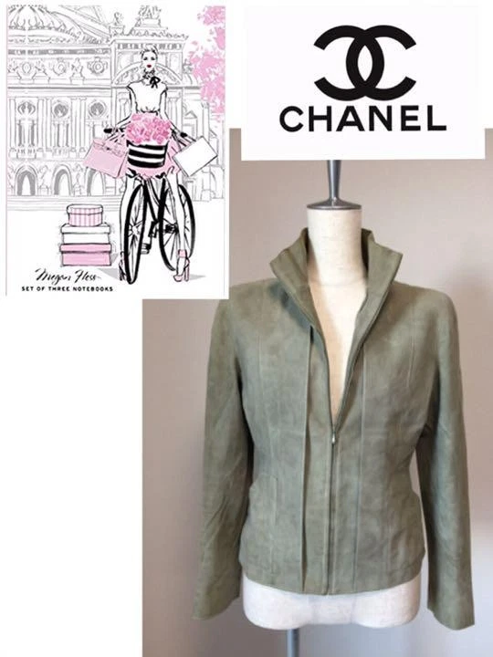 CHANEL Giacca scamosciata seta kaki 100% taglia 36