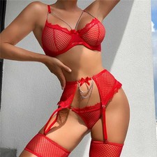 Lace Bra Body Stocking Underwear Lingerie Thong 3Pcs Set Sexy Women's Suspender