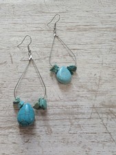 Silver Tone Turquoise Teardrop Dangle/Drop Earrings, Hook Closure, Lobe