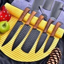 5-Piece Handmade Stainless Steel Kitchen Knife Set with Wood Handles & Sheath
