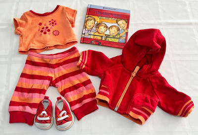 American Girl Bitty Baby Twins Roll N' Go Red Orange Pants Hoodie Top Shoes Book