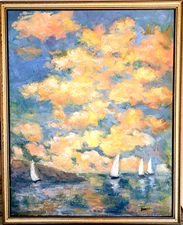 Oil Painting Seascape Sailboats Regatta Sunset Reflection Original by Donalee