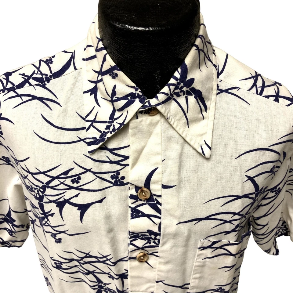 Camisa Polo HAWAIANA De Colección Años 70 Sidan Para Hombre Hawaii SMOCK Blanco Púrpura FLORAL L Foto 3 de 4