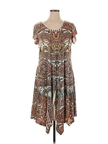 World Unity XL Brown Orange Boho Print Asymmetrical Hem Sublimation A-Line Dress