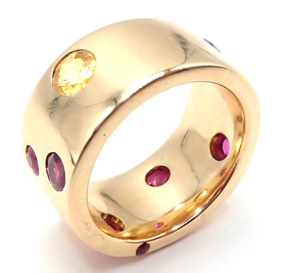 Authentic! Chanel 18k Yellow Gold Ruby Yellow Sapphire Wide Band Ring Size 5 - Image 4 of 4