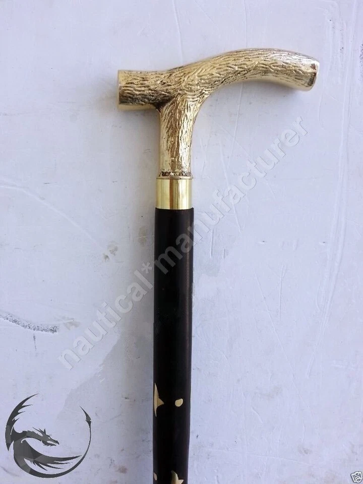 Antiguo bastón victoriano de madera con mango de latón vintage estilo diseñador Foto 4 de 4