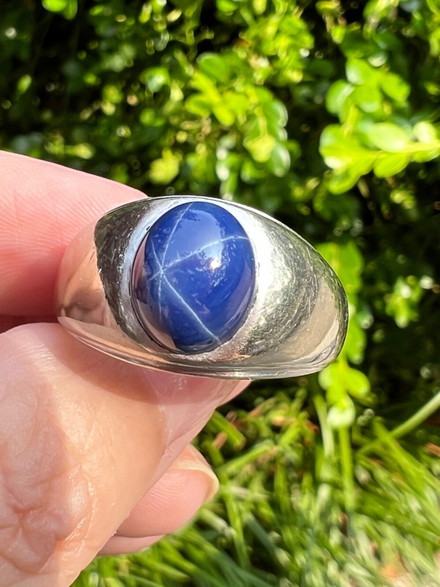 VINTAGE 14K BLUE STAR SAPPHIRE CABOCHON GYPSY STYLE RING UNISEX