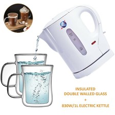 1L WHITE 830W ELECTRIC CORDLESS KITCHEN KETTLE 350ML Insulated Glass Mugs