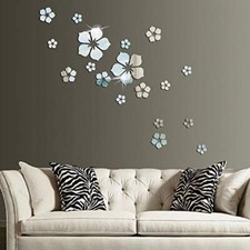 18pcs Acrylic Mirror Wall Sticker Decal for Home Living Silver Flower 18pcs