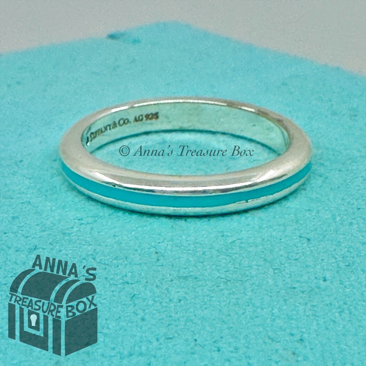 Tiffany & Co. 925 Silver Blue Enamel Stripe Narrow Band Ring Sz