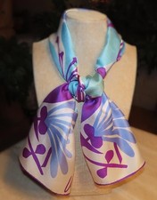 Vera Neumann oblong scarf; floral; white, purple, blue tones; 44x15 in; SILK