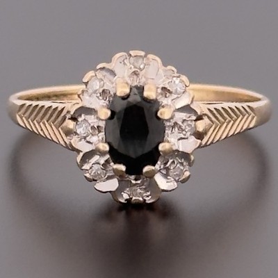 Ovaler Cluster-Halo-Ring 9 kt Gelbgold Saphir Diamant Größe M gepunzt