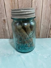 Vintage Blue Ball Perfect Mason Qt Jar Zinc Lid & W/ 10 Antique Clothespins