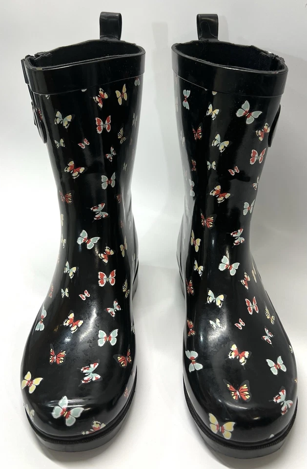 Lindas botas de lluvia Capelli Butterfly para mujer talla 9 negras de goma impermeables Foto 3 de 4