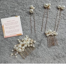 Wander and Lust Jewelry Pearl Hair Accessory Set Bridal Combs and Pins Gold NEW