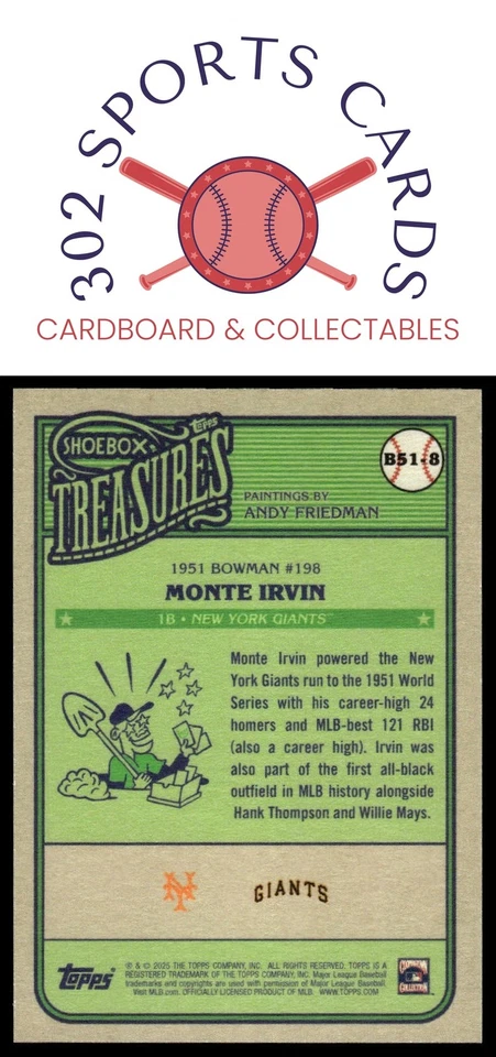 Caja de zapatos Topps Treasures 2025 de Andy Friedman Monte Irvin 1951 Bowman SP Foto 2 de 2