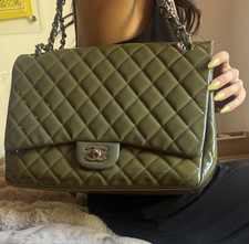 CHANEL Green Quilted Classic Flap Shoulder Bag Silver Chain Turn Lock + Dust Bag