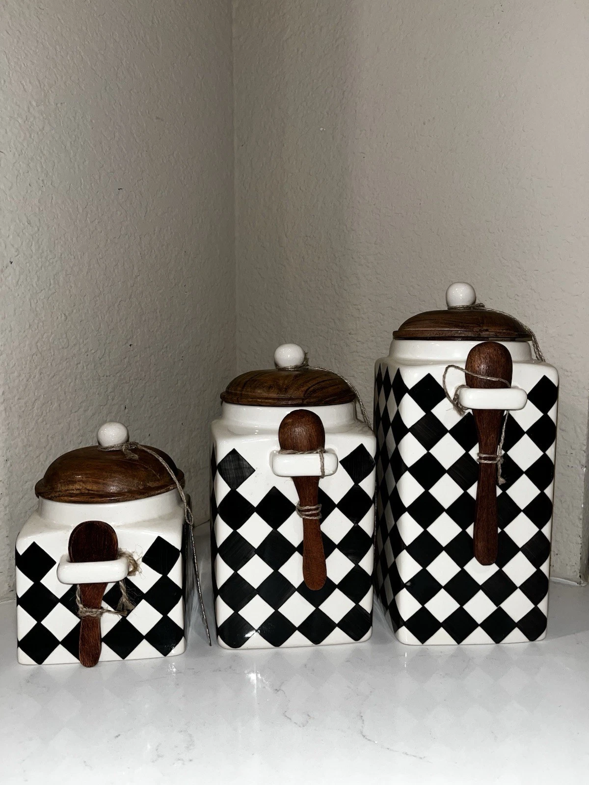 3-NWT BLACK CHECK HARLEQUIN DESIGN CERAMIC CANISTER SET