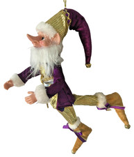 Christmas Sugar Plum Elf Pixie Doll Fur Trim Hanging Posable Bells Gold Purple