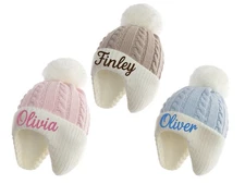 Personalised Baby Knit Hat with Pom Pom – Custom Name Beanie  Ear Flaps 0-12mths