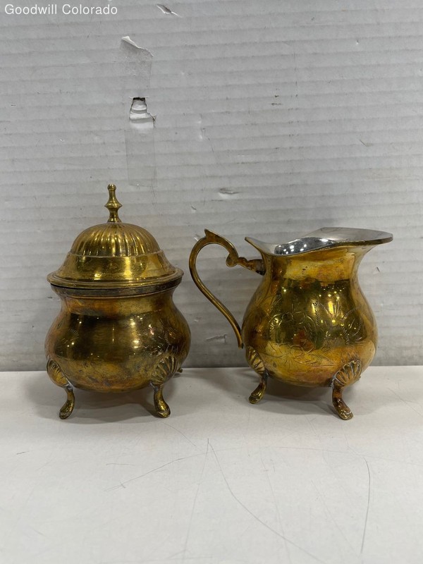 Gold Tone Sugar Bowl And Creamer Footed Floral Pattern Serving Set
