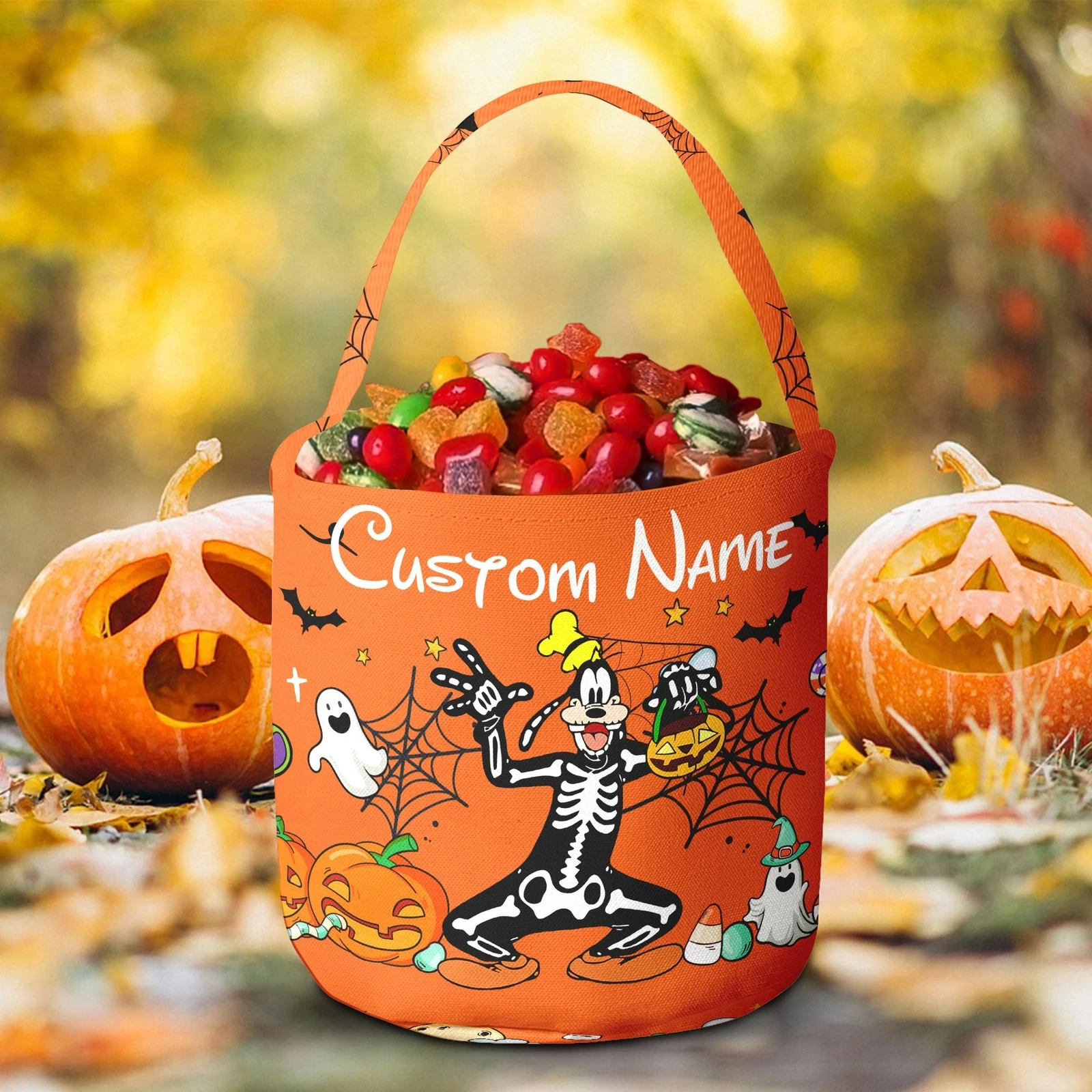Personalized Pluto Goofy Dog & Stitch Skeleton Halloween Fabric Candy Basket