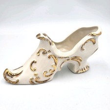 Vintage 1950s Handcrafted Cream and Gold Shoe Slipper Shoe, 6" L x 2" W x 3" T